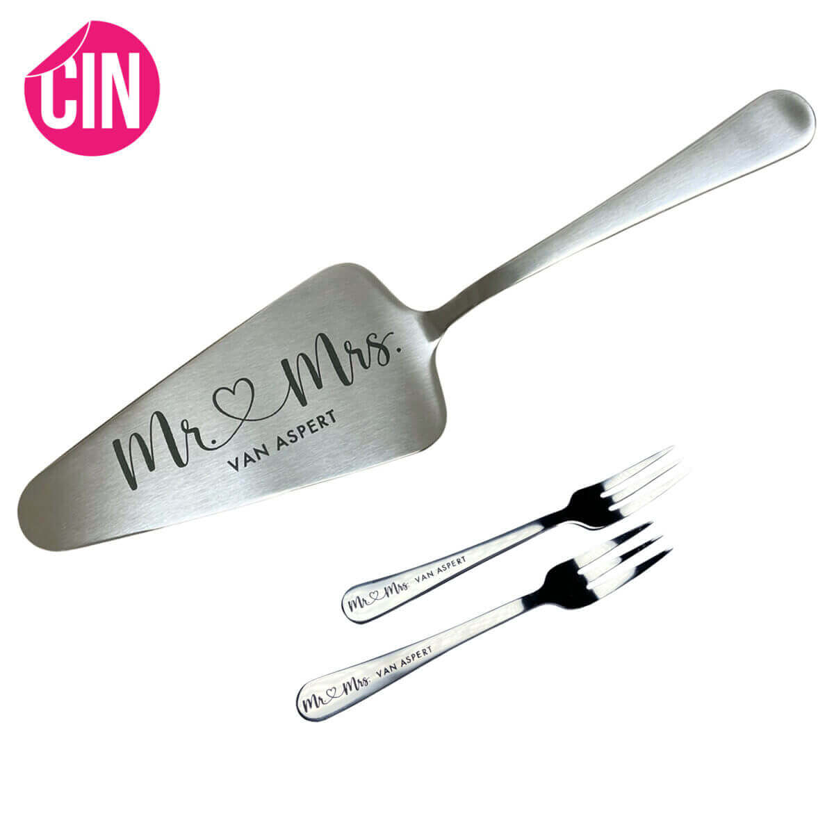 Trouwen taartschep en vorkjes Mr. & Mrs. wedding Cindysigns